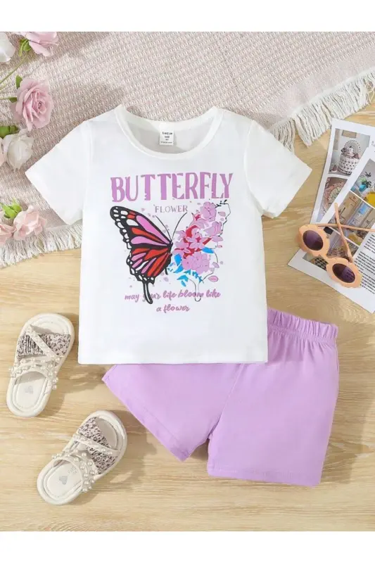 Qiz bola Lila Butterfly shorti-futbolkali bosma to'plami - 1