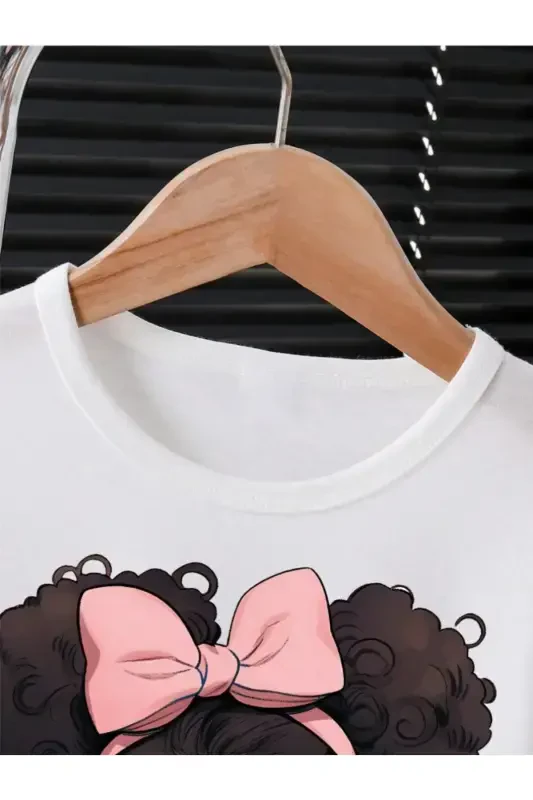 Qiz bola oq-pushti Beautiful Girl bosmali short futbolka to'plami-oq - LOUİSA