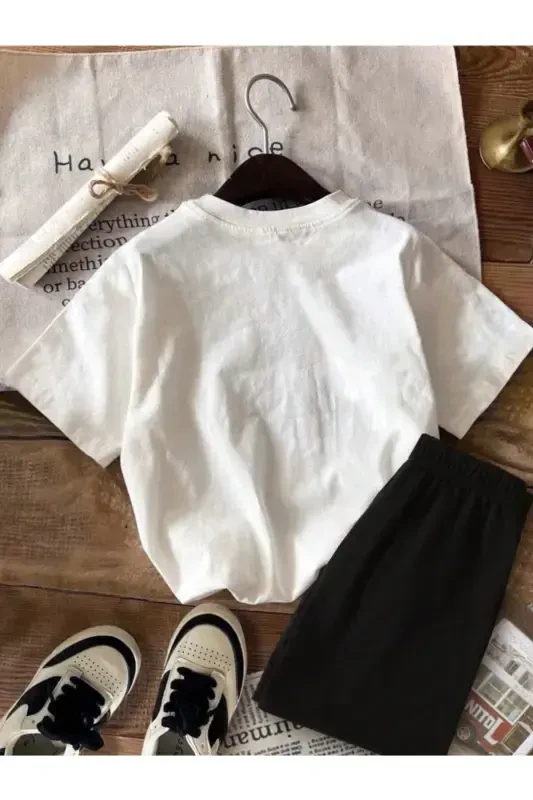 Qiz bola oq-qora Hello Pandalar bosma naqshli futbolka va shortilar to'plami - Oq rangda - 2