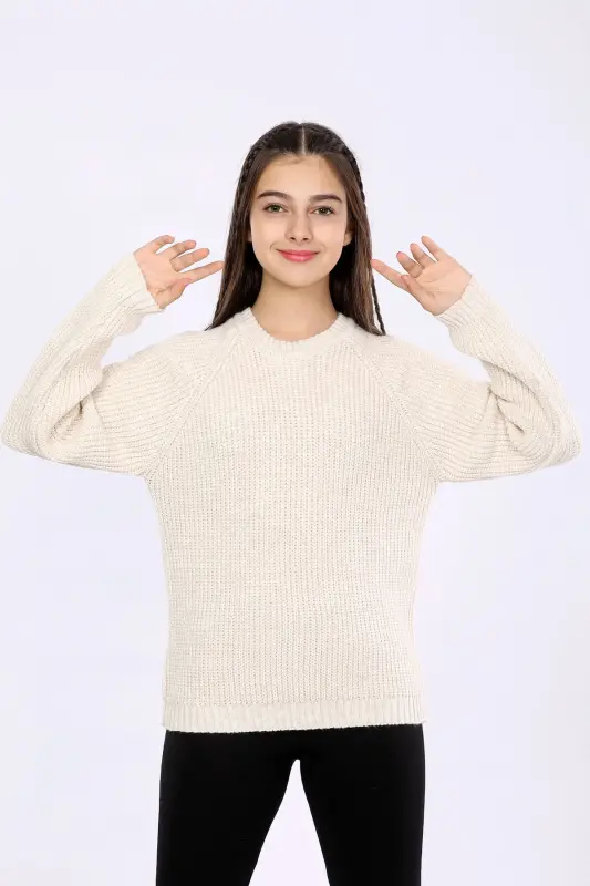 Qiz bola Regular Fit Basic Triko Kazak (4-13) Yosh-BEJ - 1