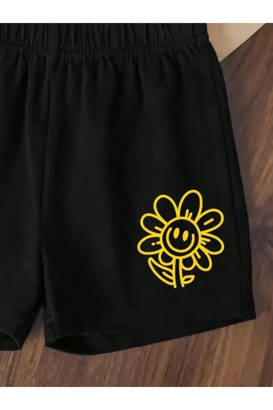 Qiz bola ромашка bosma futbolka-short komplekti (oq-qora)-oq - 4