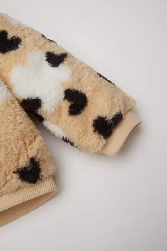 Qiz bola Velosiped bo'yinli yurak naqshli ichi yumshoq tukli velsoft plush sviter - Qum - 3