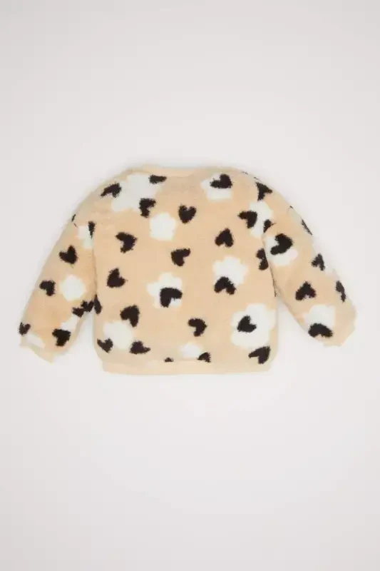 Qiz bola Velosiped bo'yinli yurak naqshli ichi yumshoq tukli velsoft plush sviter - Qum - 4