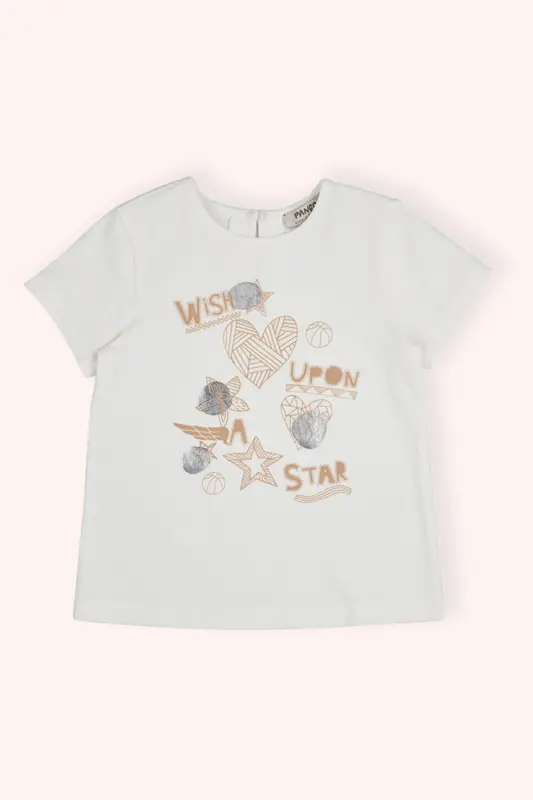 Қиз бола велосипед ёқаси орқаси томчи ва тугмали босилишли экрю футболка - PANÇO