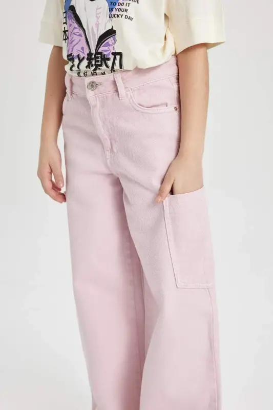 Qiz bola Wide Leg Kargo Keng Ishtonli Jinsi Shim - Pushti - 9