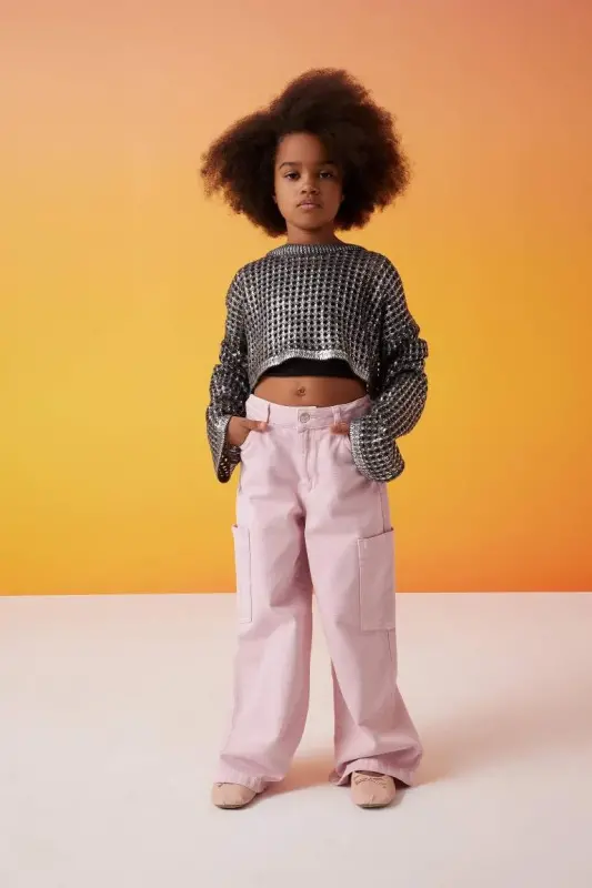 Qiz bola Wide Leg Kargo Keng Ishtonli Jinsi Shim - Pushti - Modazone