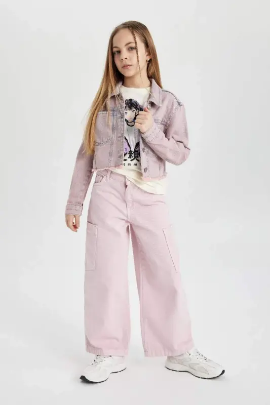 Qiz bola Wide Leg Kargo Keng Ishtonli Jinsi Shim - Pushti - 2