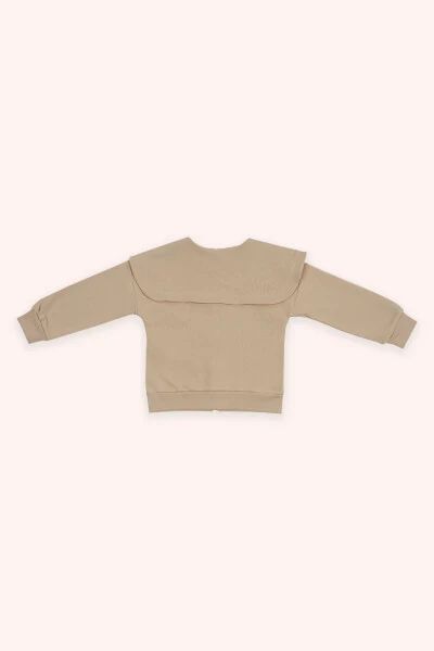 Qiz bolalar keng yoqali detalli fermuarli bej svitshot - 3