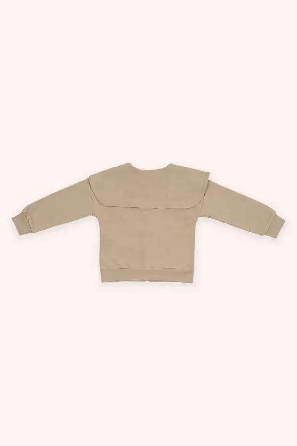 Qiz bolalar keng yoqali detalli fermuarli bej svitshot - 3