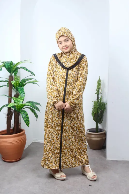 Qiz bolalar namoz libosi gul naqshli-sariq - 2