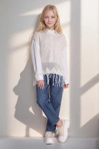 Qiz bolalar uchun ajurli yengsiz chekka bilan to'qilgan trikotaj ko'ylagi - GENEL MARKALAR