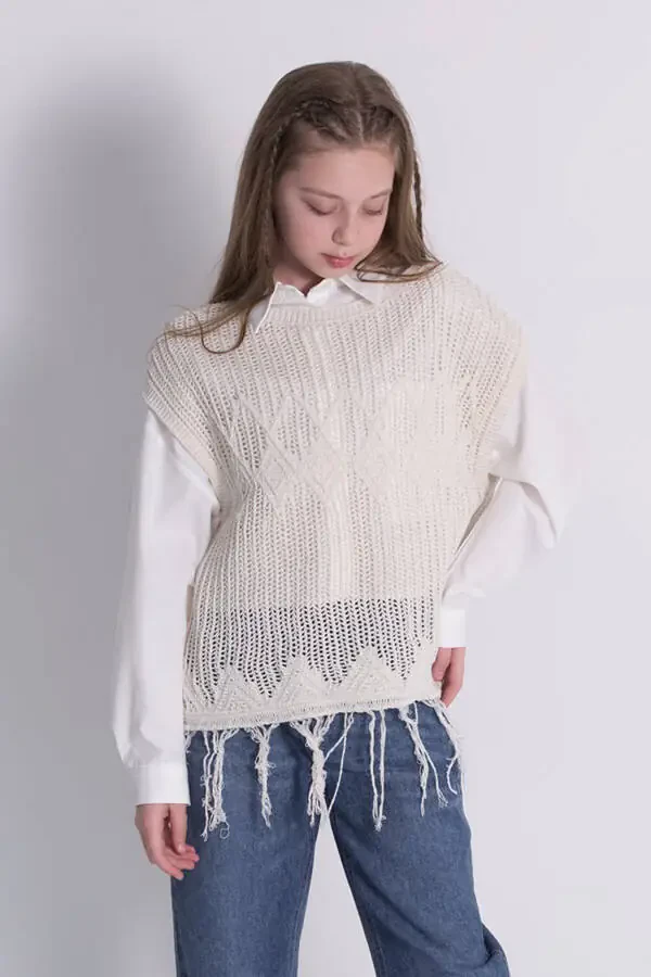 Qiz bolalar uchun ajurli yengsiz chekka bilan to'qilgan trikotaj ko'ylagi - 2