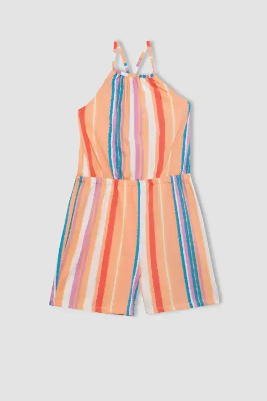 Qiz bolalar uchun belbog'li naqshli paxta qisqa kombinezon B4813A824SM - 6