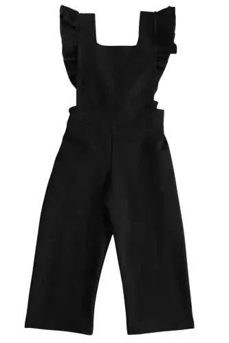 Qiz bolalar uchun Berlin qora paxtadan tikilgan jabroqli bog'lab qo'yiladigan tafsilotlar bilan jihozlangan tulum salopet toka to'plami - 7