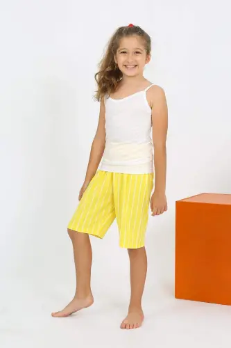 Qiz bolalar uchun ipkamonli va shimlar kiyiladigan paxta matodan oq pijama to'plami 20430 - 1