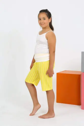 Qiz bolalar uchun ipkamonli va shimlar kiyiladigan paxta matodan oq pijama to'plami 20430 - 2