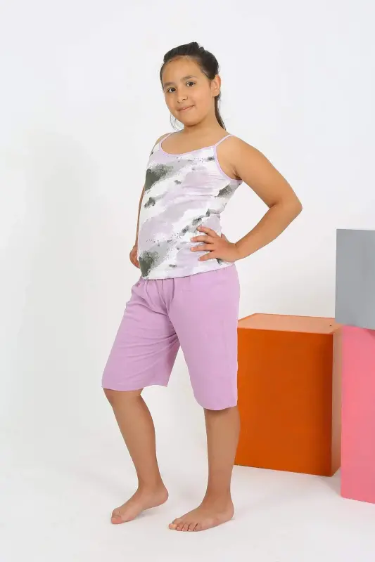 Qiz bolalar uchun kamar va shortlardan iborat paxtadan tikilgan binafsha rangdagi piжаma komplekti, 20430 - 3