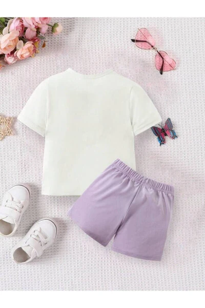 Qiz bolalar uchun lilak mushukcha shortik-futbolka bosma to'plam - LOUİSA (1)