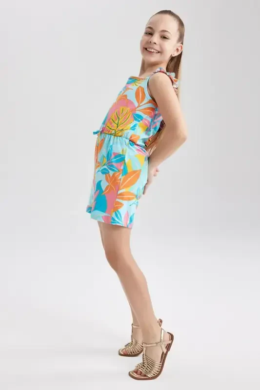 Qiz bolalar uchun naqshli paxtalik qisqa kombinezon T2733a623hs-Turkuaz - 3