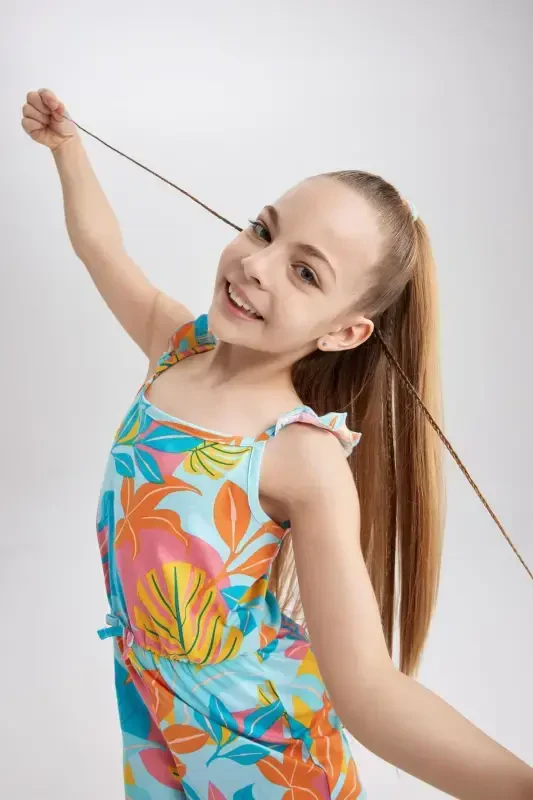 Qiz bolalar uchun naqshli paxtalik qisqa kombinezon T2733a623hs-Turkuaz - 4