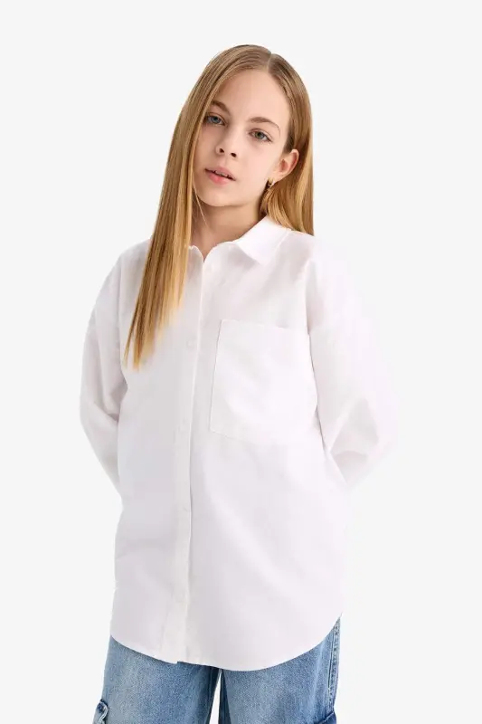 Qiz bolalar uchun Oversize fit poplin uzun yengli oq maktab ko'ylagi C7482a824au - 3