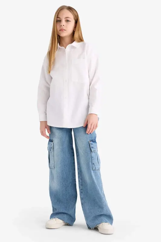 Qiz bolalar uchun Oversize fit poplin uzun yengli oq maktab ko'ylagi C7482a824au - 2