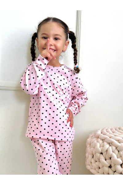 Qiz bolalar uchun ribbed mato polka dot / puantiyeli pijama to'plami, cho'ziluvchan mato Yangi mavsum Pushti rang - LOLLIBOOMKIDS (1)