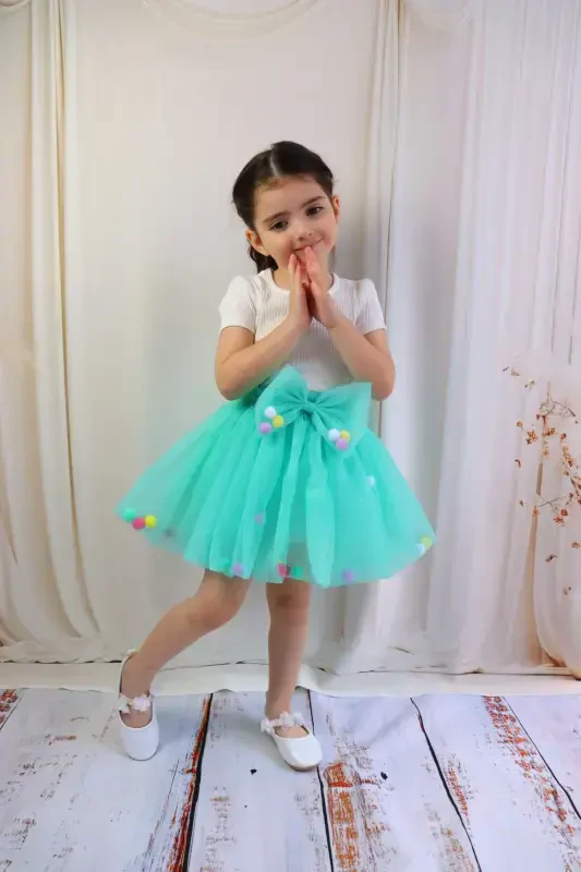 QIZ BOLALAR UCHUN TULLI YUBKA, PONPONLI YOKI TEKIS – YASHIL - 7