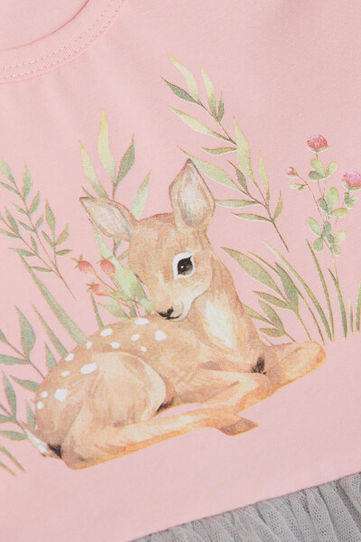 Qiz bolalar uchun uzun yengli libos, gulli naqshli, yoqimli jirafa bosilgan pushti (1,5-5 yosh) - 8