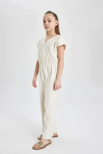 Qiz bolalar uchun V bo'yinli qisqa yengli paxta uzun kombinezon C0706A824SM - 3