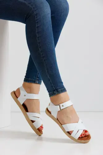 Qiz bolalar uchun yozgi ortopedik yopishqoq sandal modeli - Oq-oq bantli - 1