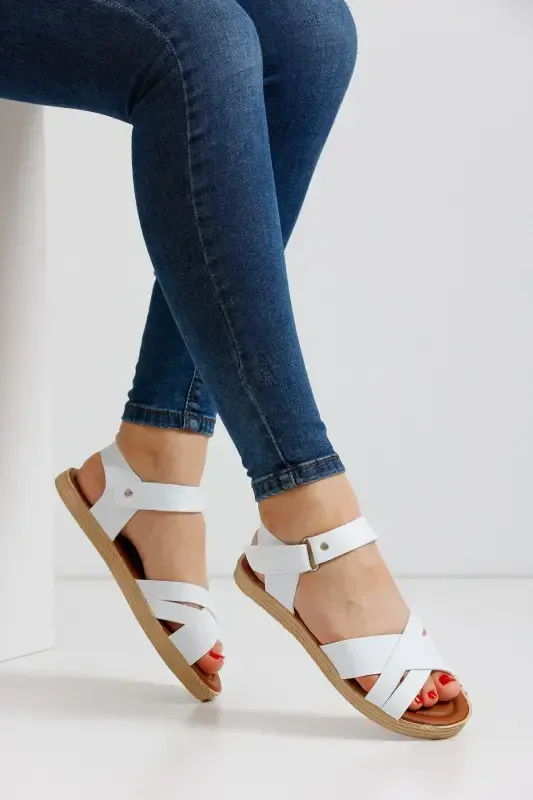 Qiz bolalar uchun yozgi ortopedik yopishqoq sandal modeli - Oq-oq bantli - 1