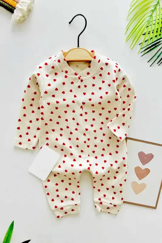 Qiz chaqaloq kichkina yurak naqshli hisobotli tugmachali yangi tug'ilgan chaqaloq kombinezoni 100% paxta elastik 1-3-6 oylik-EKRU KICHKINA YURAKLI - 2
