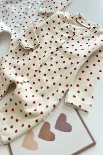 Qiz chaqaloq kichkina yurak naqshli hisobotli tugmachali yangi tug'ilgan chaqaloq kombinezoni 100% paxta elastik 1-3-6 oylik-EKRU KICHKINA YURAKLI - 3
