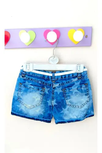 Qizcha chaqaloq bolalar uchun past bel, ikki qavatli shim, ingichka kesilgan, kamarli denim jinsi shortilari - 5