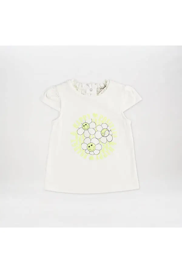 Qizcha uchun bosma detalli qisqa yengli ekru futbolka - 4