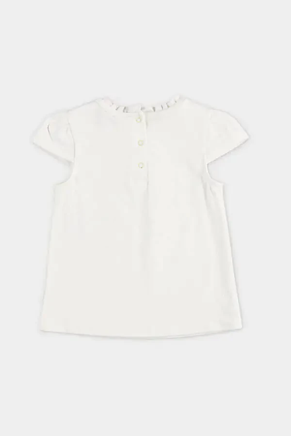 Qizcha uchun bosma detalli qisqa yengli ekru futbolka - 2