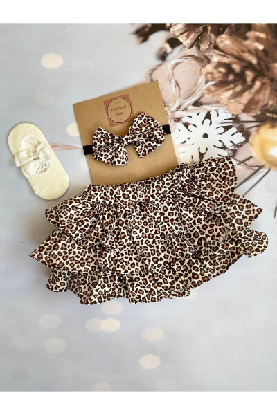 Qizcha uchun leopard naqshli burmali shortik, yubka, balet oyoq kiyimlari, paypoq va bandaj to'plami - MINI KIDS BABY