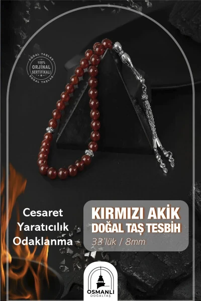 Qizil Agat Tabiiy Tosh Tesbih 33 dona - 8mm - OSMANLI DOĞAL TAŞ