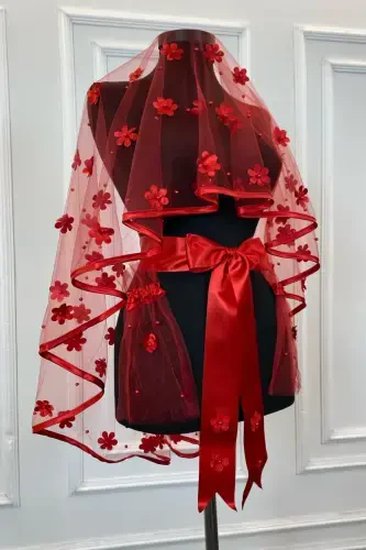 Qizil biyeli kelinlik niqobi to'plami, lazerli gul va marvarid detallari, xina niqobi, yuz o'rtasi 6 qism - 3DBIYELIKIRMIZI - 1