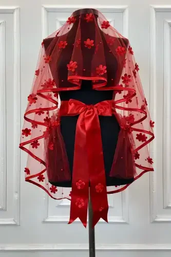 Qizil biyeli kelinlik niqobi to'plami, lazerli gul va marvarid detallari, xina niqobi, yuz o'rtasi 6 qism - 3DBIYELIKIRMIZI - ZEYMERADE (1)