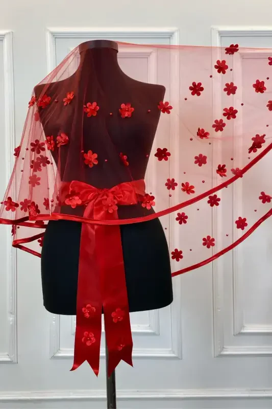 Qizil biyeli kelinlik niqobi to'plami, lazerli gul va marvarid detallari, xina niqobi, yuz o'rtasi 6 qism - 3DBIYELIKIRMIZI - 5