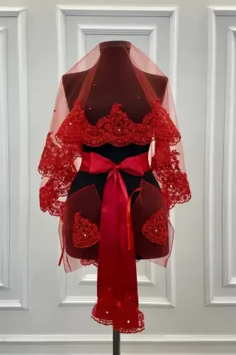 Qizil dantelli yorqin tosh va marvarid bilan bezatilgan kelinlik ro'moli to'plami - QIZILZARIFSWAROVSKI - 1