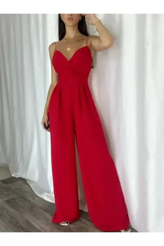 Qizil Elastik Krep Mato Kamarli Kesik Yoqali Uzun Kechki Libos Tulum 582101 697-BORDO - 1