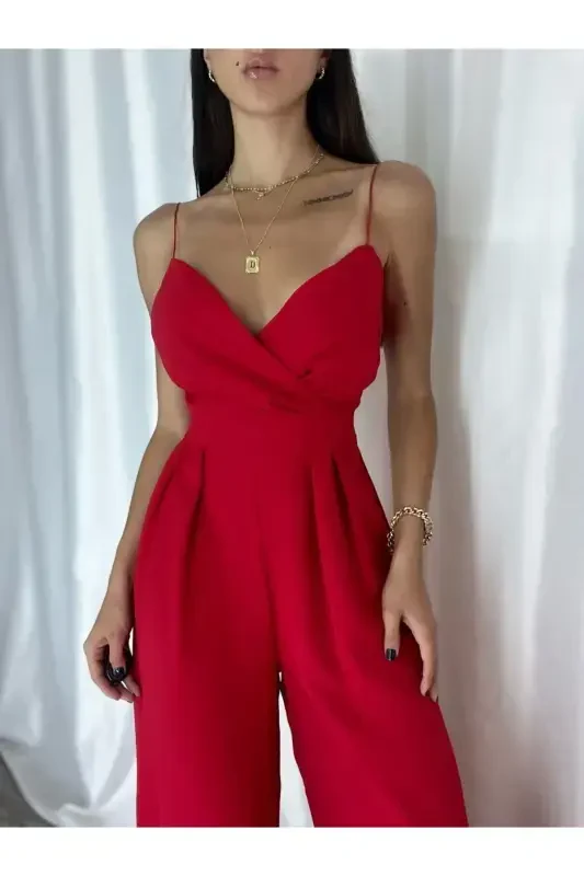 Qizil Elastik Krep Mato Kamarli Kesik Yoqali Uzun Kechki Libos Tulum 582101 697-BORDO - 3