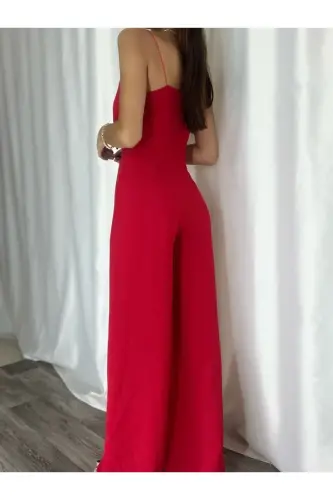 Qizil Elastik Krep Mato Kamarli Kesik Yoqali Uzun Kechki Libos Tulum 582101 697-BORDO - 6
