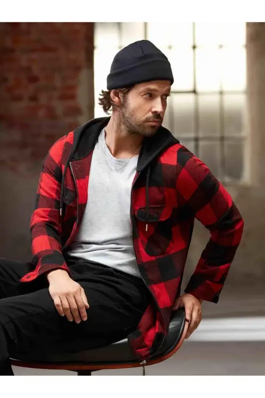 Qizil Erkaklar Regular Fit Plaid Fermuarlı Kapuşonlu Uzun Qollı Oduncu Ko'ylagi - 90502 - DUFY