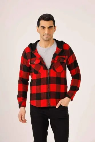 Qizil Erkaklar Regular Fit Plaid Fermuarlı Kapuşonlu Uzun Qollı Oduncu Ko'ylagi - 90502 - DUFY (1)
