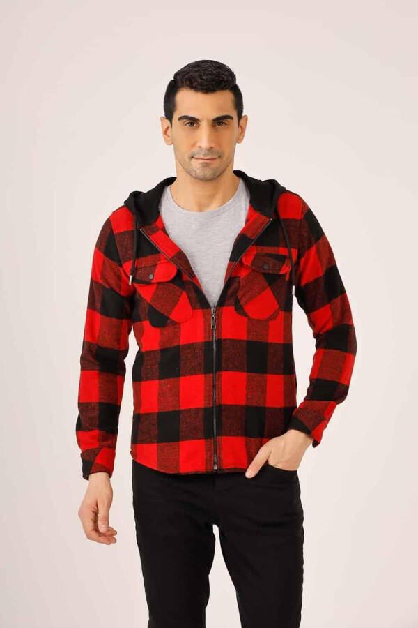 Qizil Erkaklar Regular Fit Plaid Fermuarlı Kapuşonlu Uzun Qollı Oduncu Ko'ylagi - 90502 - 2