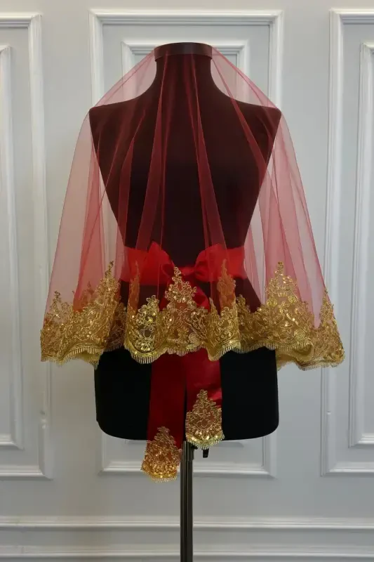 Qizil Gold Yorqin Yorqin Gippurli Kelin Xina Ro'moli To'plami To'y Xina Kechasi Yuz Pardasi Al-QizilGold - 4